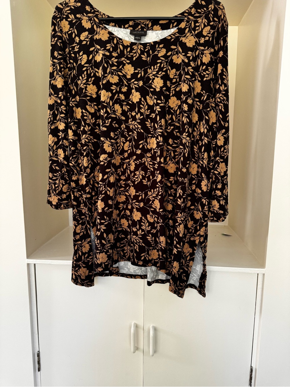 J. Jill Wearever Collection Floral Swing Tunic Top Large Brown Tan Rayon Stretch